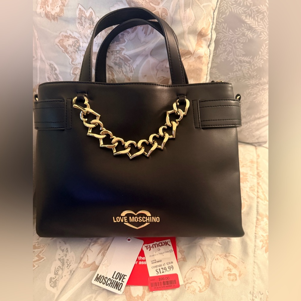 D3:  LOVE MOSCHINO Black Gold Toned Logo Chain Satchel Bag (NWT)
